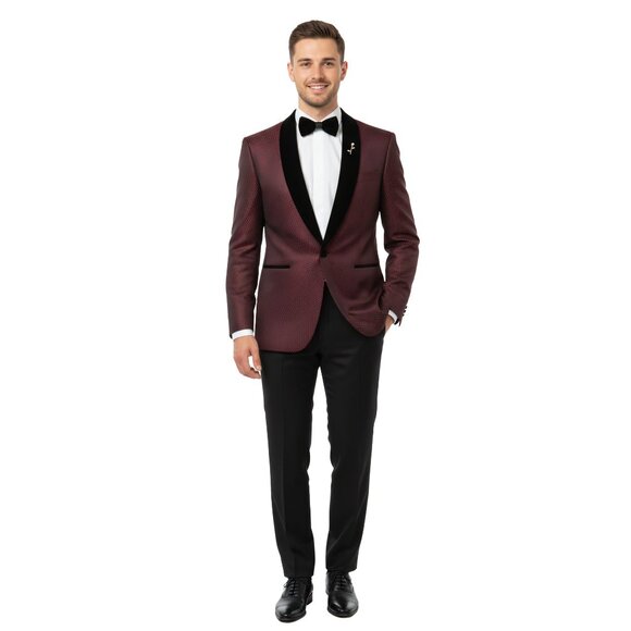Dotten Burgundy Mens Slim-Fit Jacket w/ Velvet Notch Lapel - Picture 5 of 5